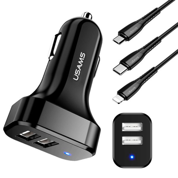 Cargador Celular para Auto USB Dual 2.1A + Cable Negro – USAMS PERÚ