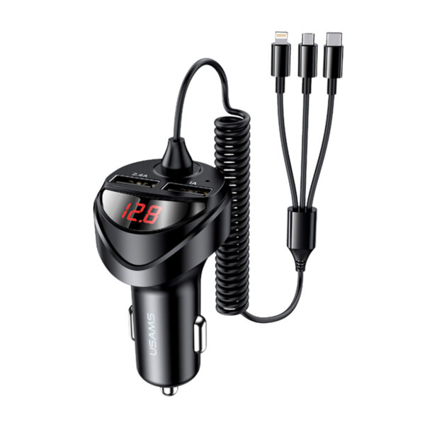 Cargador Celular para Auto USB Dual 3.4A + Cable Resorte 3 en 1