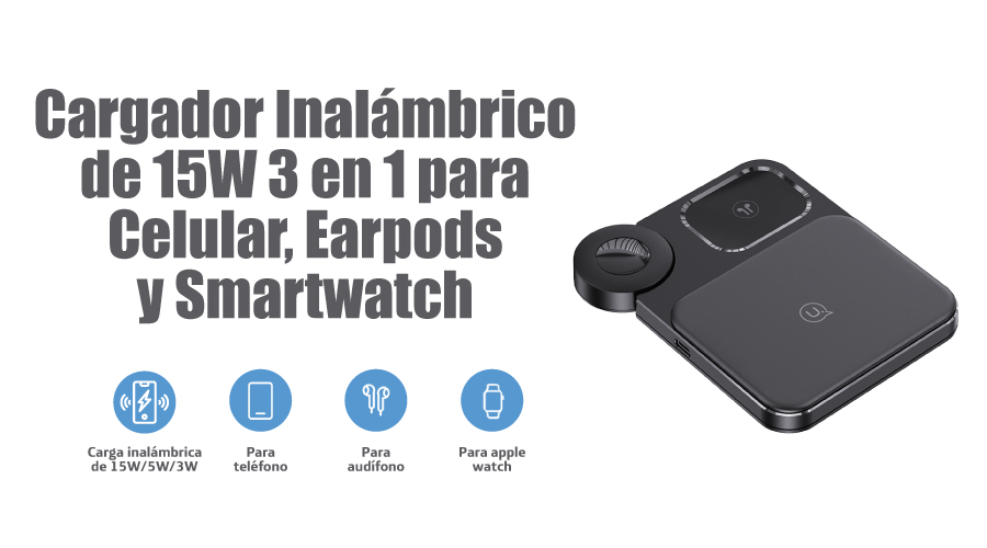 Cargador inalámbrico Ksix 3en1 15W, Carga rápida simultánea, Para  smartphones Qi, Apple Watch y AirPods, Cargador+Cable, Negro